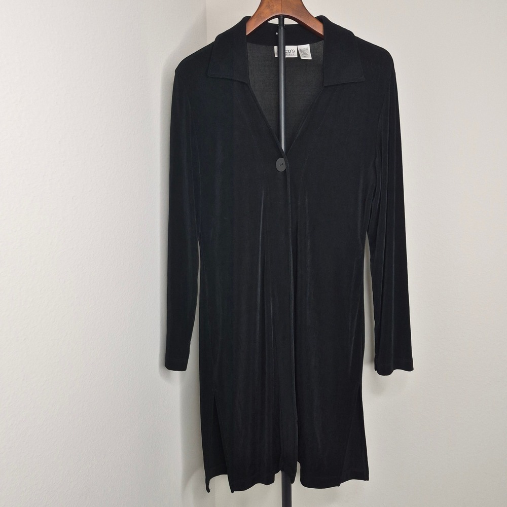Vintage 90's Chicos Travelers Black Slinky Knit Single Button Tunic Top Size 1 M